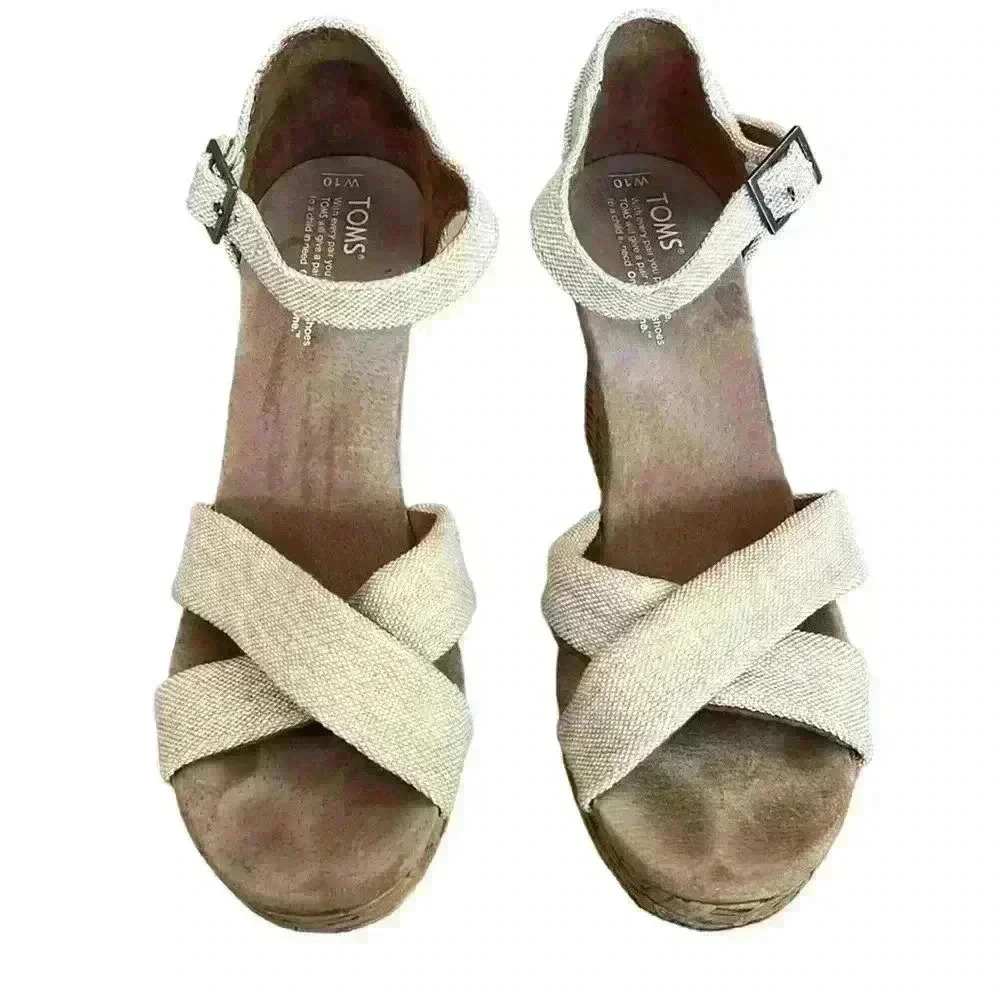 TOMS Wedge Sandals Cork Oatmeal Burlap Criss Cross Sienna Platform Women’s S 10​